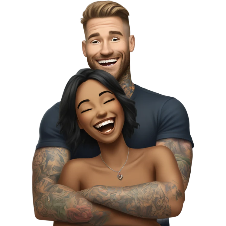 Hyper Realistic beautiful woman in the arms of a very handsome tattooed man laughing  emoji