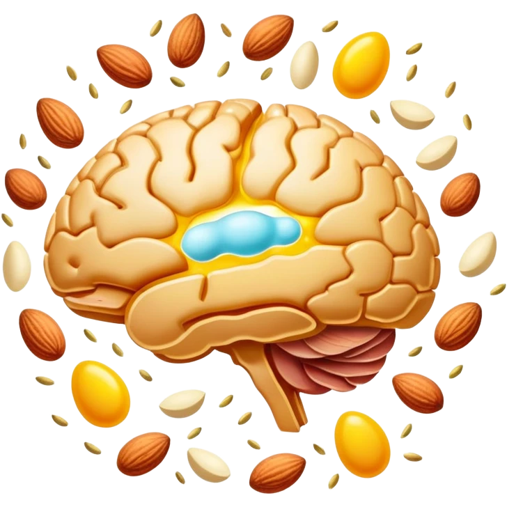 Glowing brain near a shimmering liver, with choline-rich foods floating around them: eggs with bright yellow yolks, clusters of almonds, cuts of lean meat, and dairy products. Golden connections flow between the foods and organs, showing the pathway of this essential nutrient. emoji