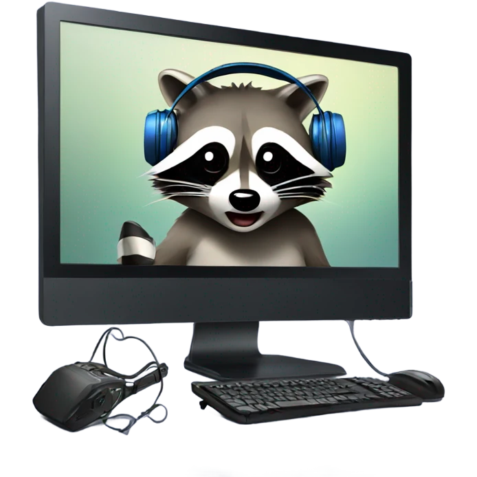 raccoon crying in front of a monitor and pc with gaming headset on emoji