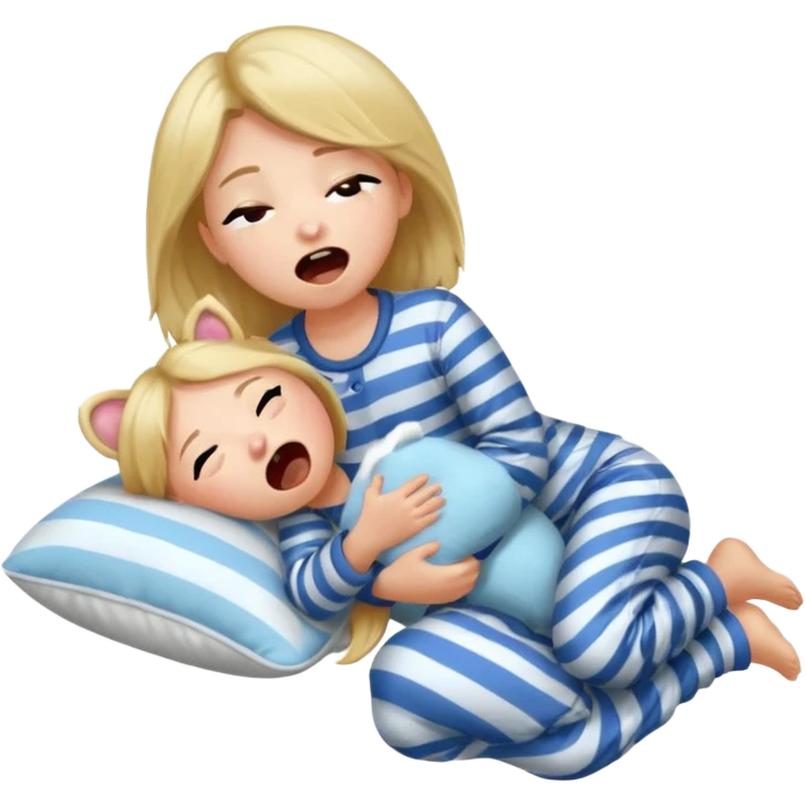 {
      "type": "human",
      "look": "girl in striped pyjamas, yawning, holding pillow",
      "description": "a sleepy girl in striped pyjamas yawning while holding a pillow"
    } emoji