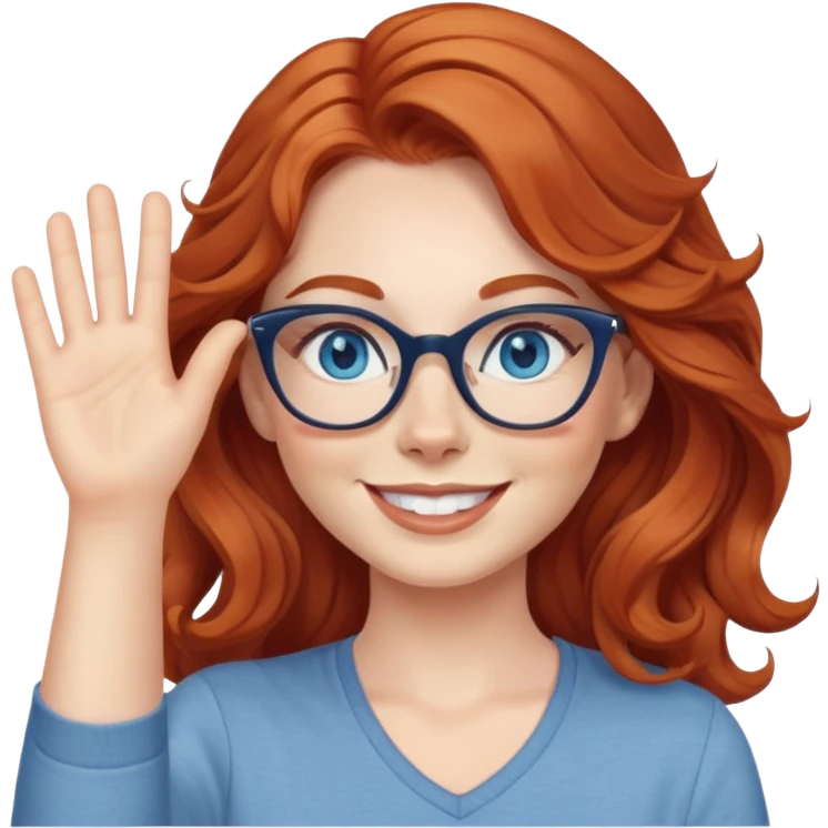 redheaded woman with long wavy hair, blue eyes, cat-eye glasses, casual outfit, smiling, waving emoji