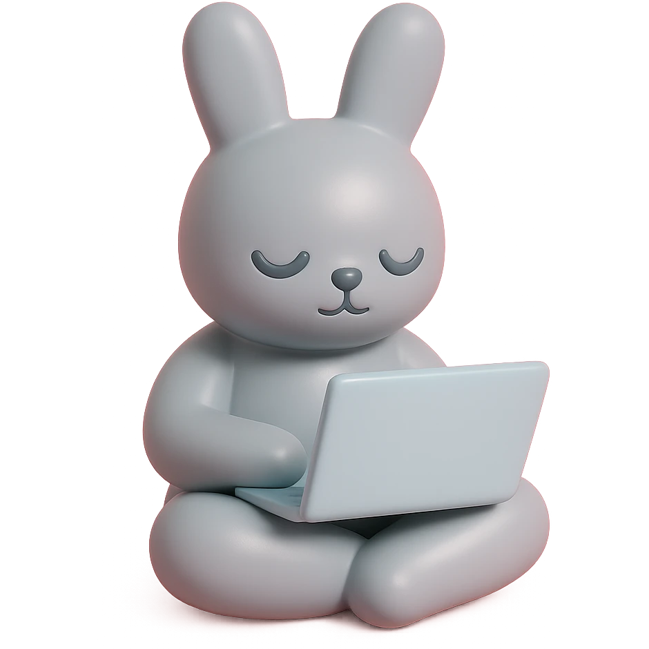 gray bunny sitting cross-legged with laptop in vinyl figure style emoji