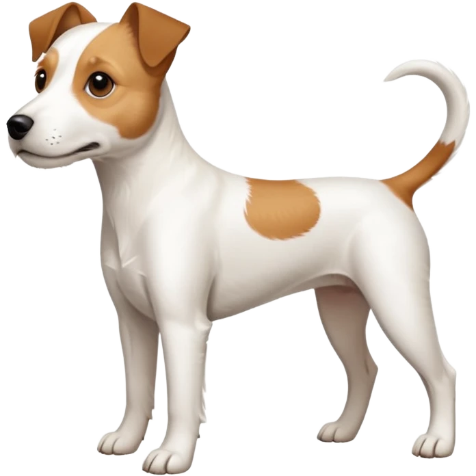 a full body white parson russell looking dog the size of a kelpie with light brown ears and a light brown patch on one eye and a large snout emoji