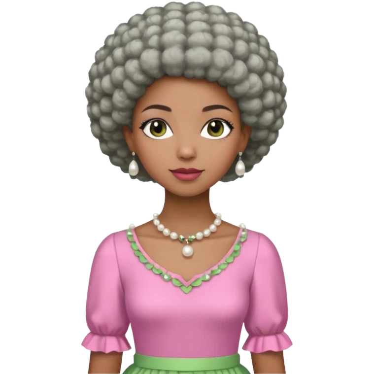 Brown woman with very short stylish gray Afro  wearing pink and green dress  and pearl blouse with sleeves emoji