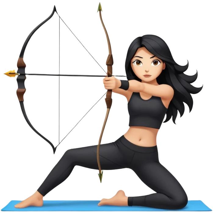woman tanned long black hair, shooting arrow , black yoga clothes emoji