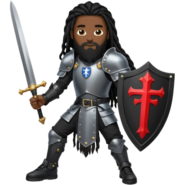 African American with long black dreadlocks with black beard wearing a black knight amour wearing wearing black Air Force 1 low top shoes holding a shield and a double edge sword emoji