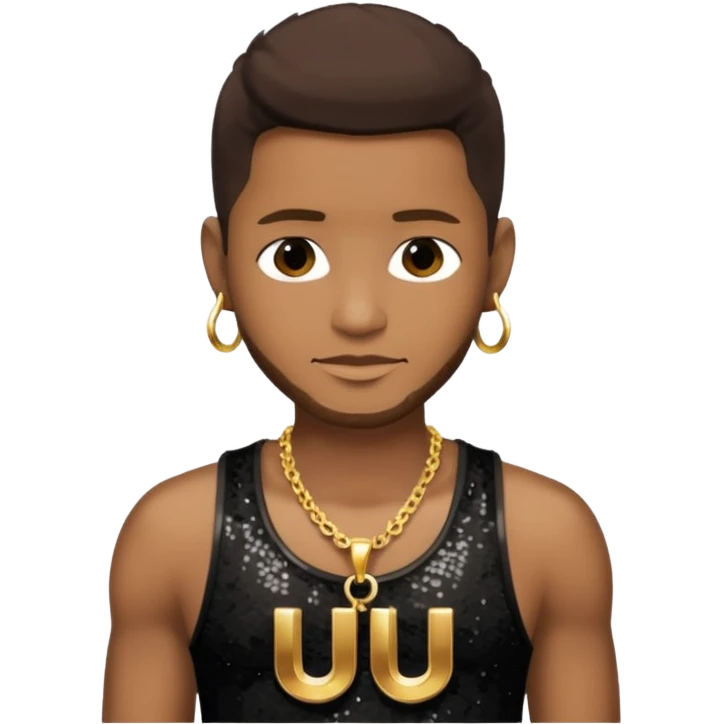 Usher with dark brown hair, black sequin tank top, necklace with letter u emoji