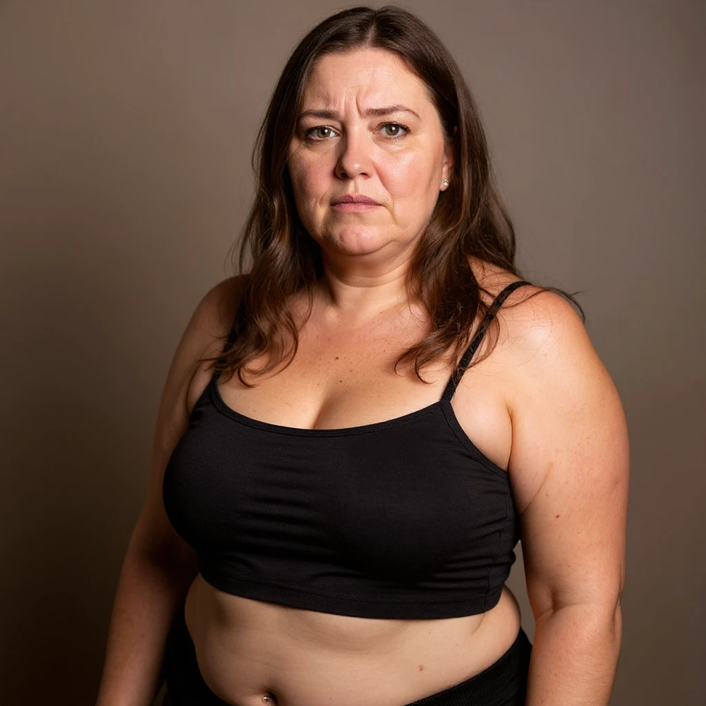 Create a realistic version inspired by the reference photo: a woman with significant cellulite, visible face with a desperate and tired expression, similar pose to the photo, neutral background. emoji