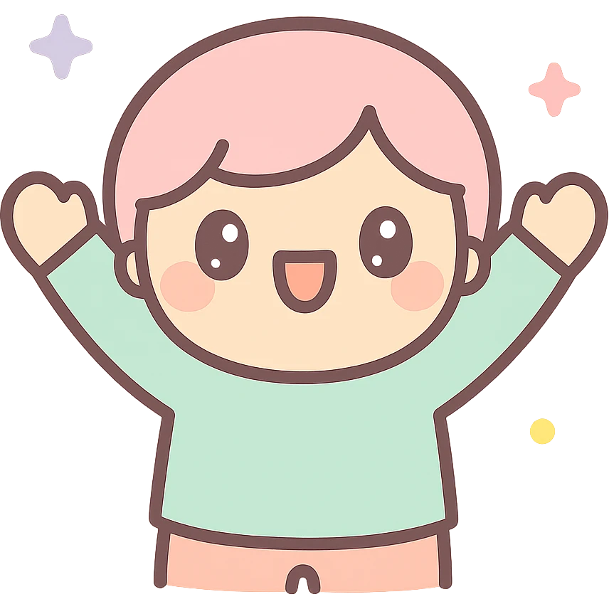 cartoon figure with hands up, excited expression, kawaii style emoji