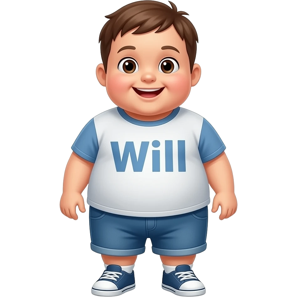 hazme un niño gordo que se le vea todo el cuerpo i este contento i que en la camiseta ponga Will en letras emoji