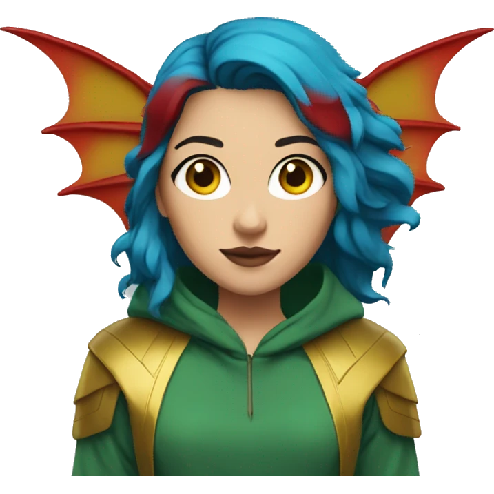 Lady with brunette and blue hair, gold, green dragon wings, maroon hoodie, black and gold Nike t shirt, and bright red eyes emoji