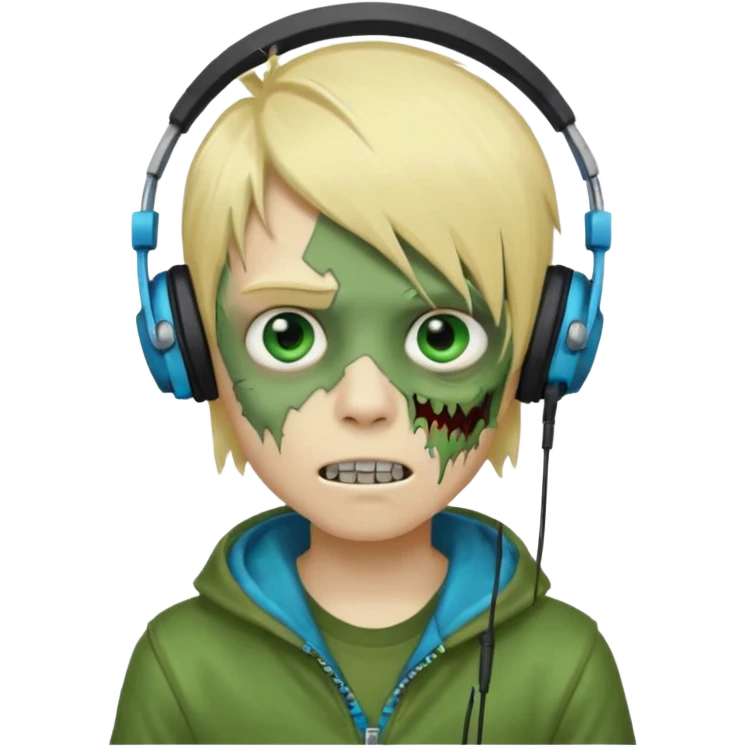 boy zombie whit blonde emo hair and eyes blue and GREEN SKIN and heandphones and a microfone and gold teeth emoji