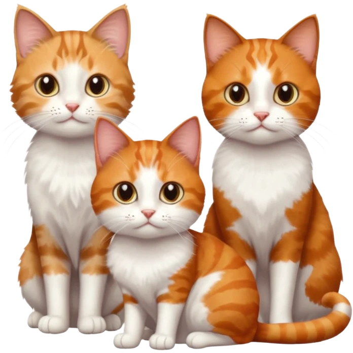 3 sibling cats each are various different natural colours; 1 is ginger and white, the next is brown tabby and white and the third is a calico emoji