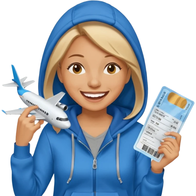 Hilarious, blunt, high energy, and adventurous. woman in hoodie laughing with plane tickets  emoji