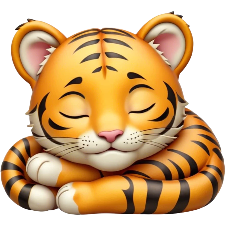 Meme-Worthy cute Sleeping Tiger Cub Portrait Emoji, Head resting peacefully with a contented smile, showcasing a luxuriously soft, striped form and eyes gently closed in serene slumber, Simplified yet comically adorable features, highly detailed, glowing with a soft, drowsy wild light, high shine, relaxed and utterly lovable, stylized with an air of playful laziness, bright and heartwarming, soft glowing outline, capturing the essence of a sleeping tiger cub that feels destined to become the next viral icon of adorable rest! emoji