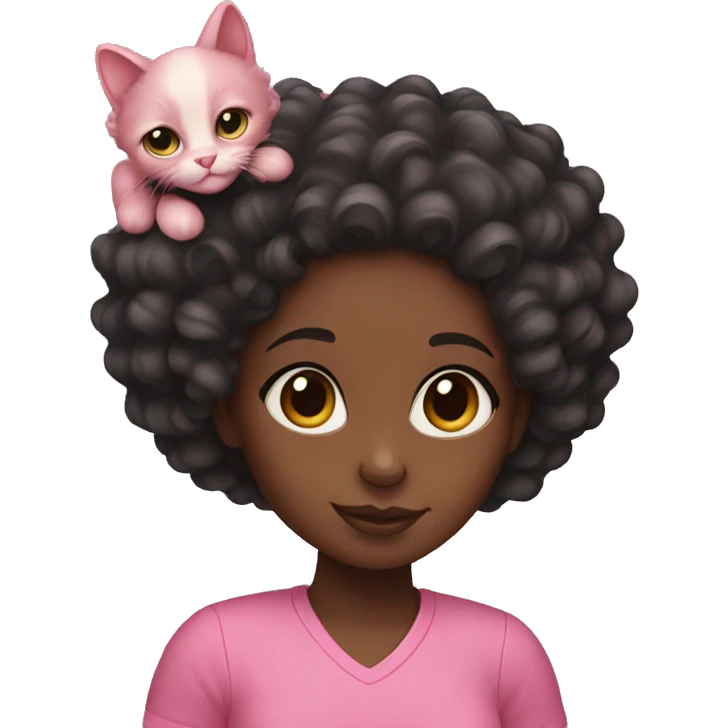 Black girl with curly hair holding a pink cat emoji