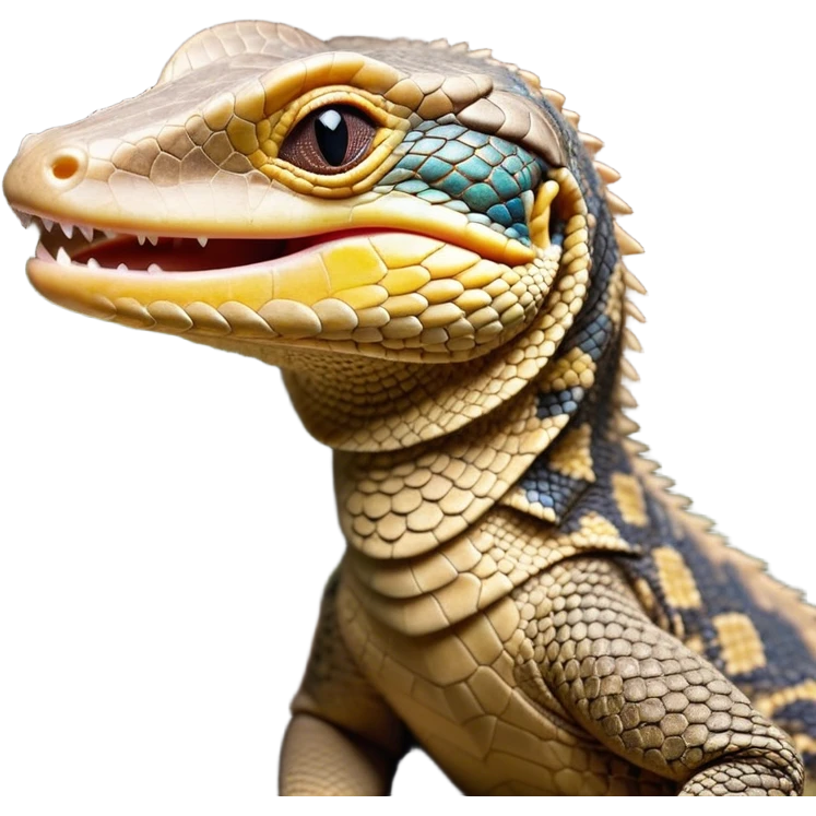 Cinematic Cute Yawning Monitor Lizard Portrait Emoji, Head tilted slightly with a dramatic, wide-open yawn, showcasing textured, patterned scales and sleepy, half-closed eyes exuding relaxed charm, Simplified yet irresistibly adorable features, highly detailed, glowing with a soft, cozy glow, high shine, relaxed yet expressive, stylized with a dash of whimsical wildness, soft glowing outline, capturing the essence of a drowsy yet affectionate reptile that appears ready to stretch out for a nap! emoji