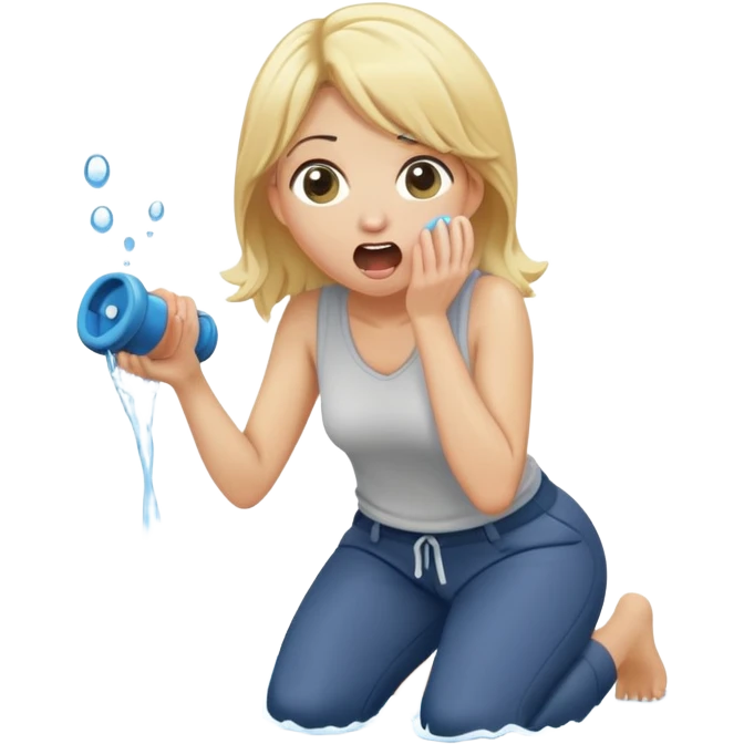 cartoonish blond woman kneeling, surprised expression, wide cartoonish stick with a D-shaped knob coming out of a pair of pants hanging in front of her face, water stream squirting from the flat side of the knob into her open mouth emoji