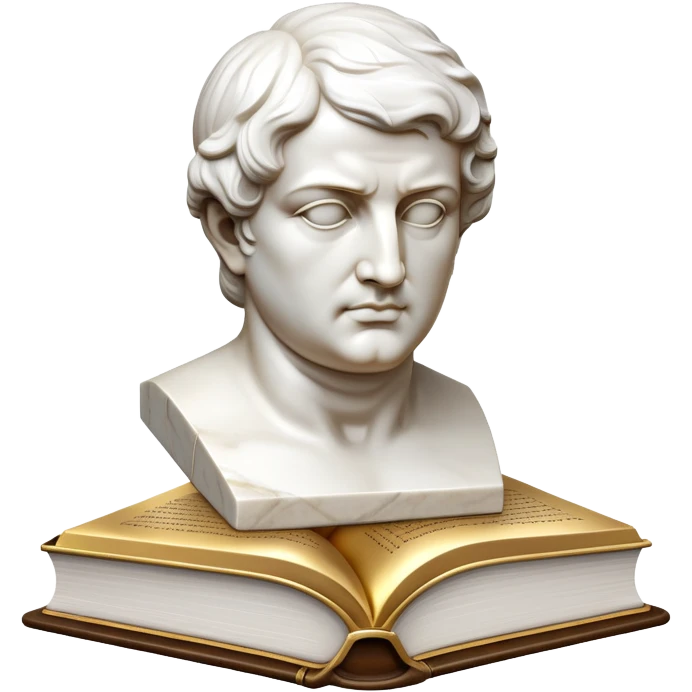 An icon featuring a classical bust, a book of philosophy, symbolizing the study of philosophy. The design includes an abstract symbol of thought and reasoning, representing deep intellectual inquiry and exploration of ideas. Transparent background emoji