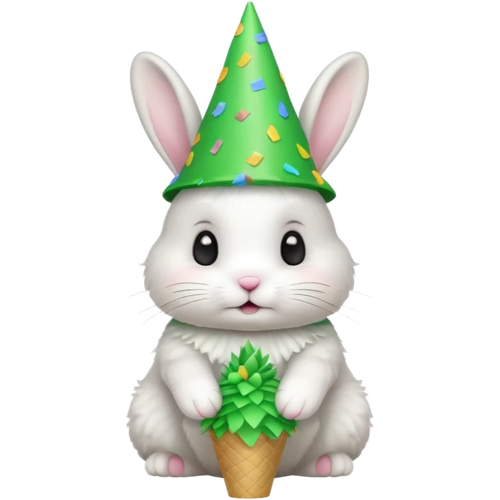 Rabbit in Green Party Hat – white bunny with cone party hat and confetti. emoji