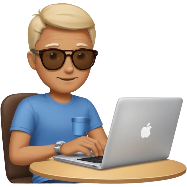 man in sunglasses typing on a laptop with a coffee cup beside him emoji