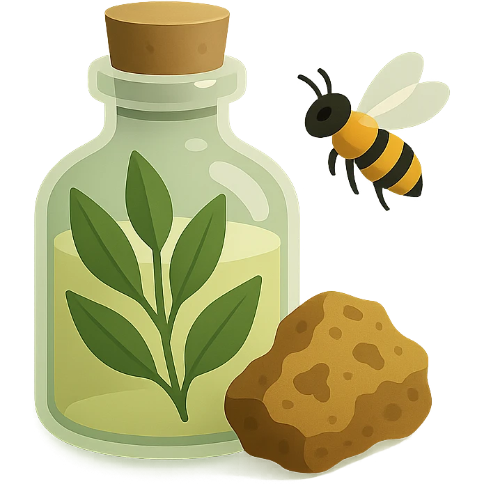 macOS application icon for a herbal therapy CRM, featuring a glass bottle with herbal leaves and a piece of propolis, a bee nearby, soft shadows, green and earth tones, modern and minimal style, no text emoji