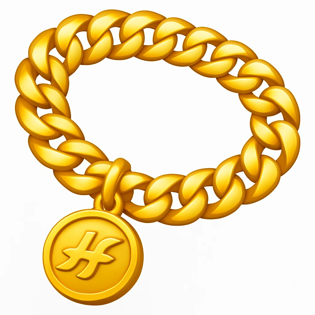 Create a gold chain emoji exactly like the reference image in iOS emoji style. Match the same shape, color, and texture, making it shiny and smooth with a medallion. emoji