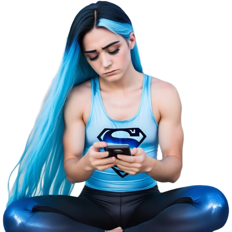 Shameful disappointed crying-very very very very big chest-texting on a samsung cell phone-very long straight flowing black to sky blue hair ombre-blue eyes-black eyeliner-long eyelashes-plastic sparkling sky blue very low cut tank top with sparkling superman logo-black leggings-nike sneakers emoji
