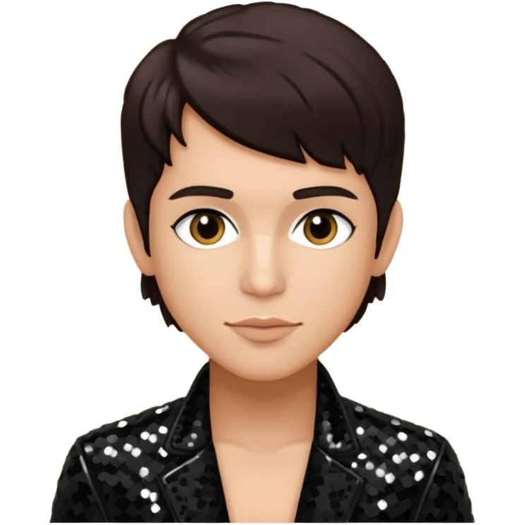 Frankie Zulferino, Pop Singer (b.1990) with dark brown hair, black sequin outfit, light tan skin emoji