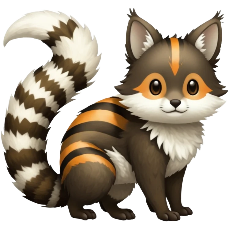 lush warm-colored Fakémon-Trico-creature (full body) with white cheek markings, white-striped tail emoji