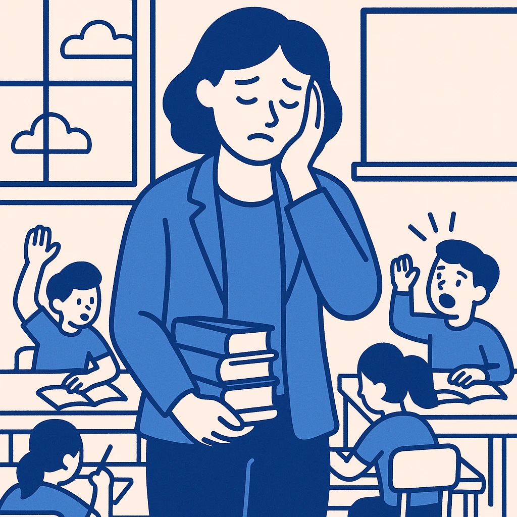 exhausted teacher in a bustling classroom emoji