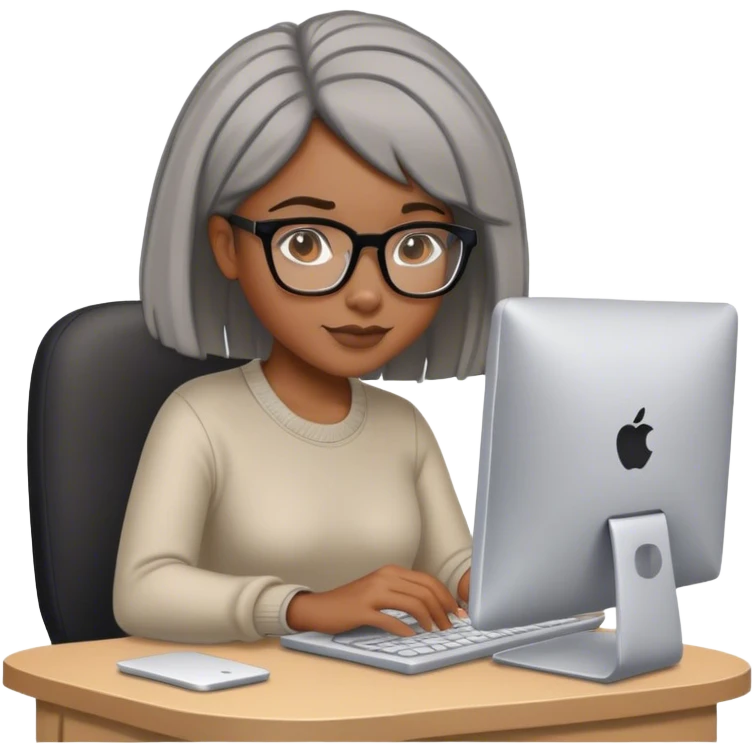 Light skinned Black girl with glasses natural gray haircut working on computer emoji