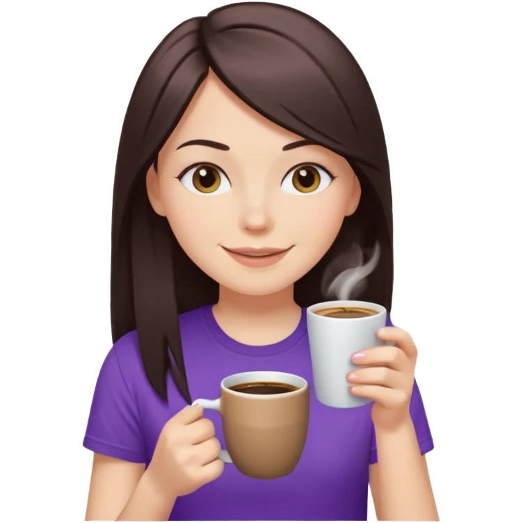 Chocolate straight hair white girl drinking coffee blinking an eye with a smile, purple pastel tshirt emoji