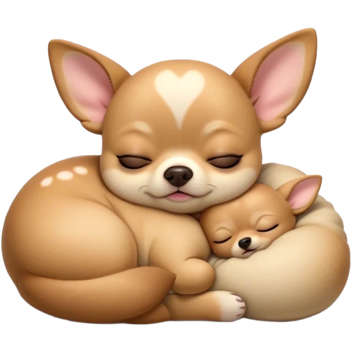 Cinematic Chubby Sleeping Fawn Chihuahua Portrait Emoji, Chubby and serene, with a petite, adorable build and a smooth fawn coat, eyes gently closed in peaceful slumber, Simplified yet irresistibly endearing features, highly detailed, glowing with a gentle, dreamy glow, high shine, relaxed and content, stylized with a touch of whimsy, bright and heartwarming, soft glowing outline, capturing the essence of a blissfully sleepy companion, so comically serene it feels like it could roll out of the screen and snore with adorable charm! emoji