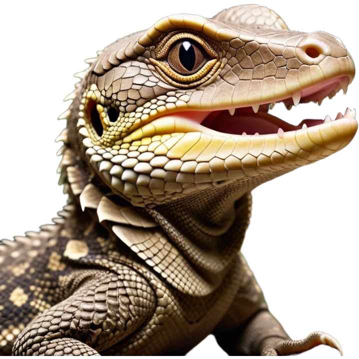 Cinematic Cute Yawning brown camo spotted monitor Lizard Portrait Emoji, Head tilted slightly with a dramatic, wide-open yawn, showcasing textured, patterned scales and sleepy, half-closed eyes exuding relaxed charm, Simplified yet irresistibly adorable features, highly detailed, glowing with a soft, cozy glow, high shine, relaxed yet expressive, stylized with a dash of whimsical wildness, soft glowing outline, capturing the essence of a drowsy yet affectionate reptile that appears ready to stretch out for a nap! emoji