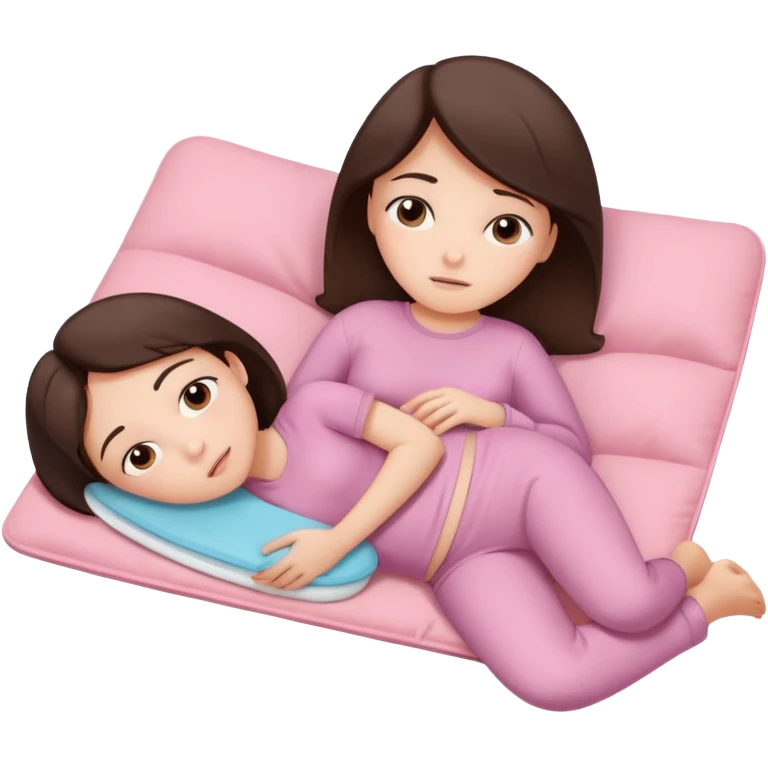  a brunette girl lying down on her side, holding a warm heating pad against her lower belly. She's uncomfortable and sad, her posture should show she’s having menstrual cramps. Use simple lines, rounded shapes, soft colors, and a clean emoji aesthetic. Make it expressive but still adorable emoji