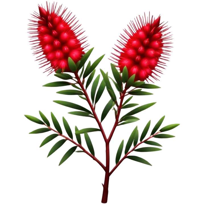 Cinematic Realistic Callistemon Emoji, Vibrant and striking, with spiky red flowers resembling a bottlebrush. The slender leaves create a fine backdrop to the bold blooms, while the plant exudes energy and vitality. Soft glowing outline, capturing the essence of strength, color, and natural beauty in a brilliant callistemon tree! emoji