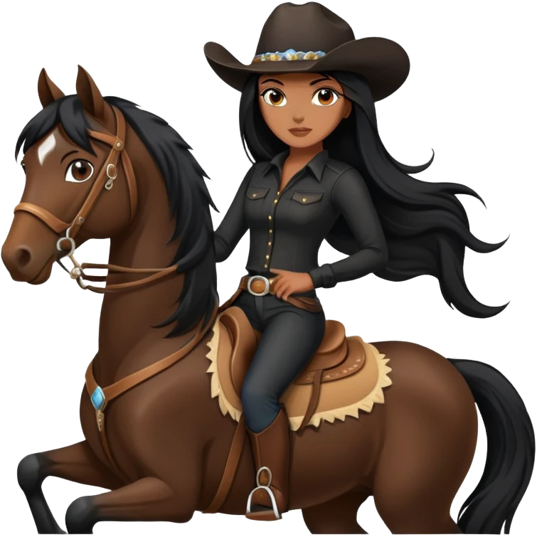 confident hot tanned woman with long black hair wearing black outfit riding a horse cowgirl style emoji