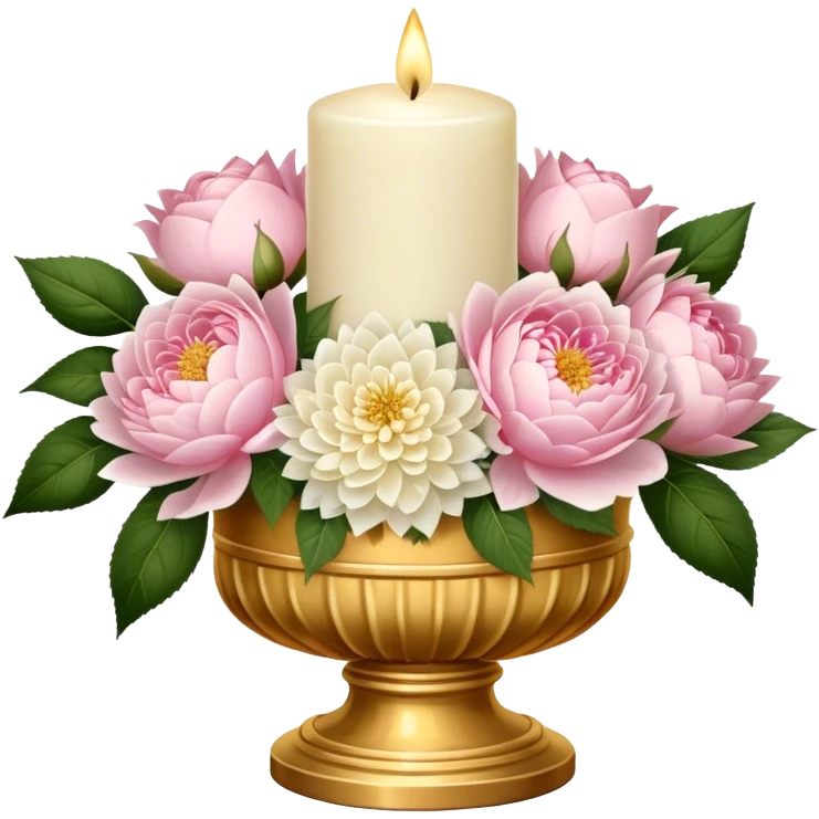 An elegant ivory candle in a golden holder, surrounded by a lush bouquet of soft pink roses, white peonies, and blush dahlias, flickering gently in the dim candlelight. emoji