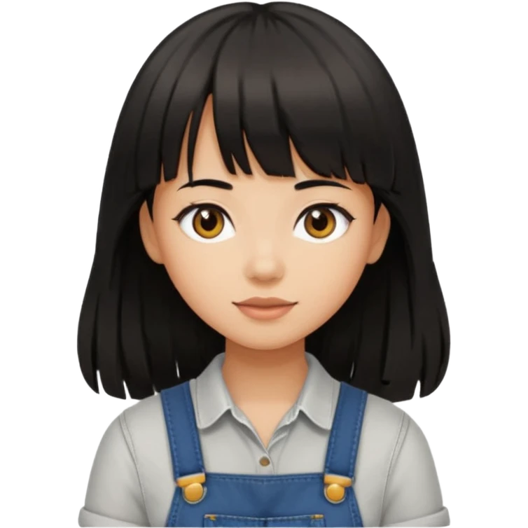 Make it a girl wil long hair like this and look like this  she has brown ish black hair and if has bangs with black overalls and a white shirt she’s not asian emoji