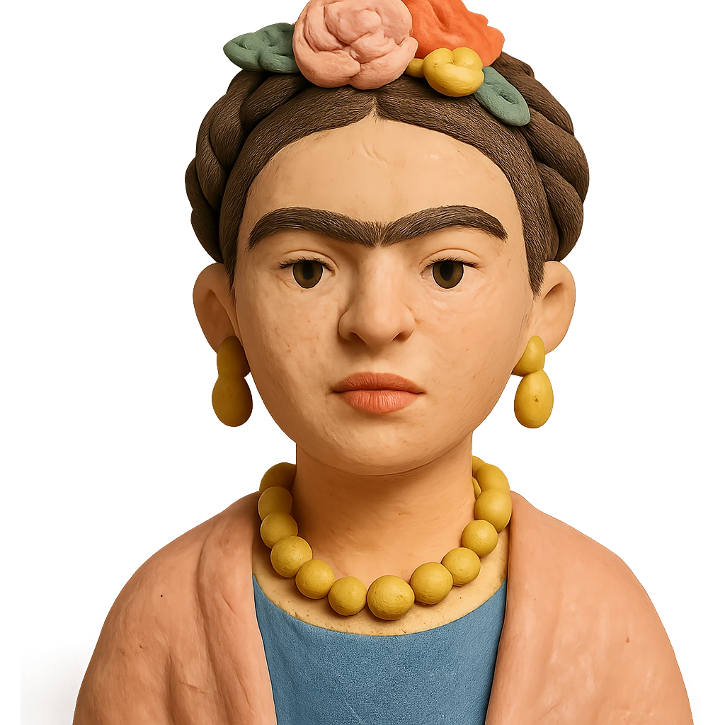 claymation style portrait of Frida Kahlo with visible fingerprints and pastel colors emoji