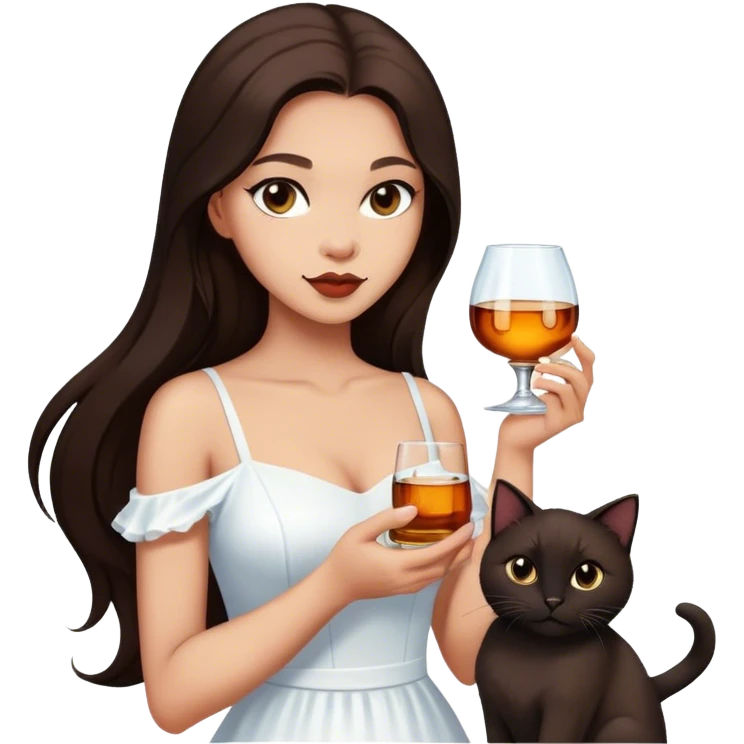 Beautiful woman in 1950’s woman fashion look, white dress, long dark brown hair, whisky with ice, black cat emoji