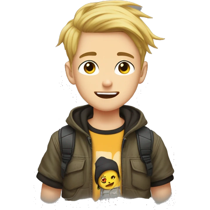 um menino com cabelos medios de anime com um moletom thrasher e um short cargo emoji