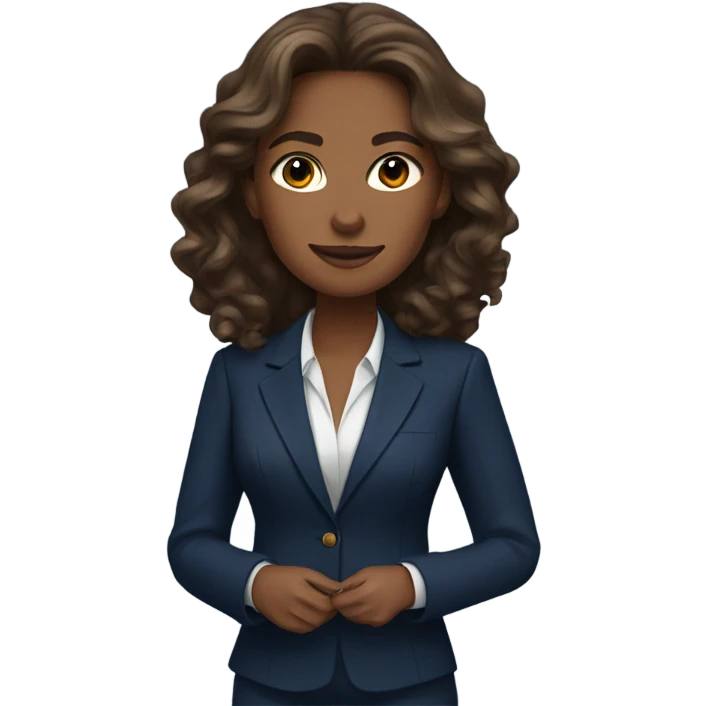 beautiful business woman with brown, long, wavy hair wearing a navy blue suit emoji