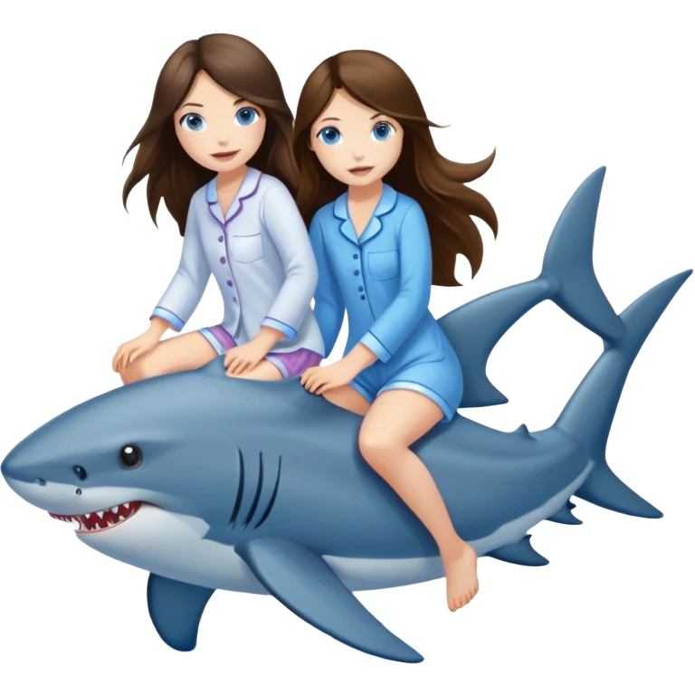 two brunette long hair girl blue eyes in pyjamas riding two shark emoji