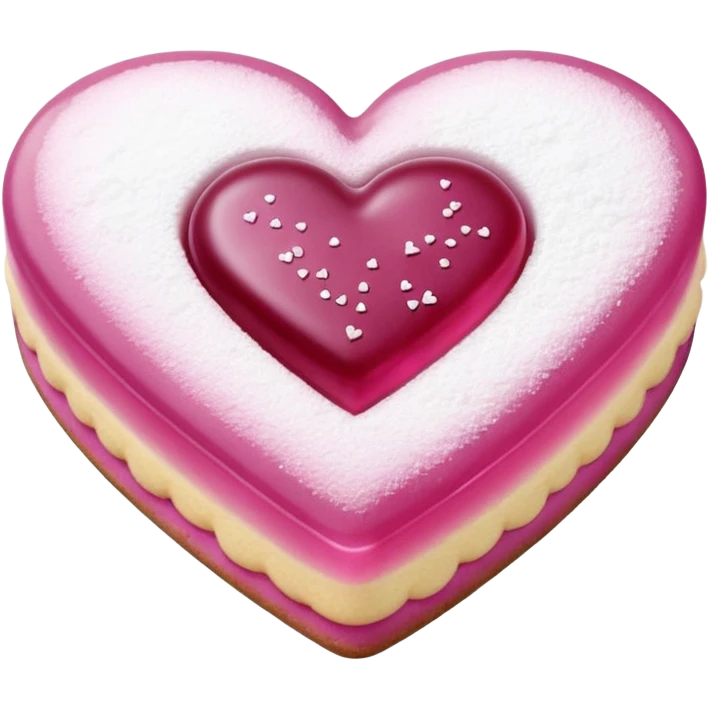 Realistic shortbread cookie in the shape of a heart with light margenta jelly middle filling and sprinkled powder sugar on top. emoji