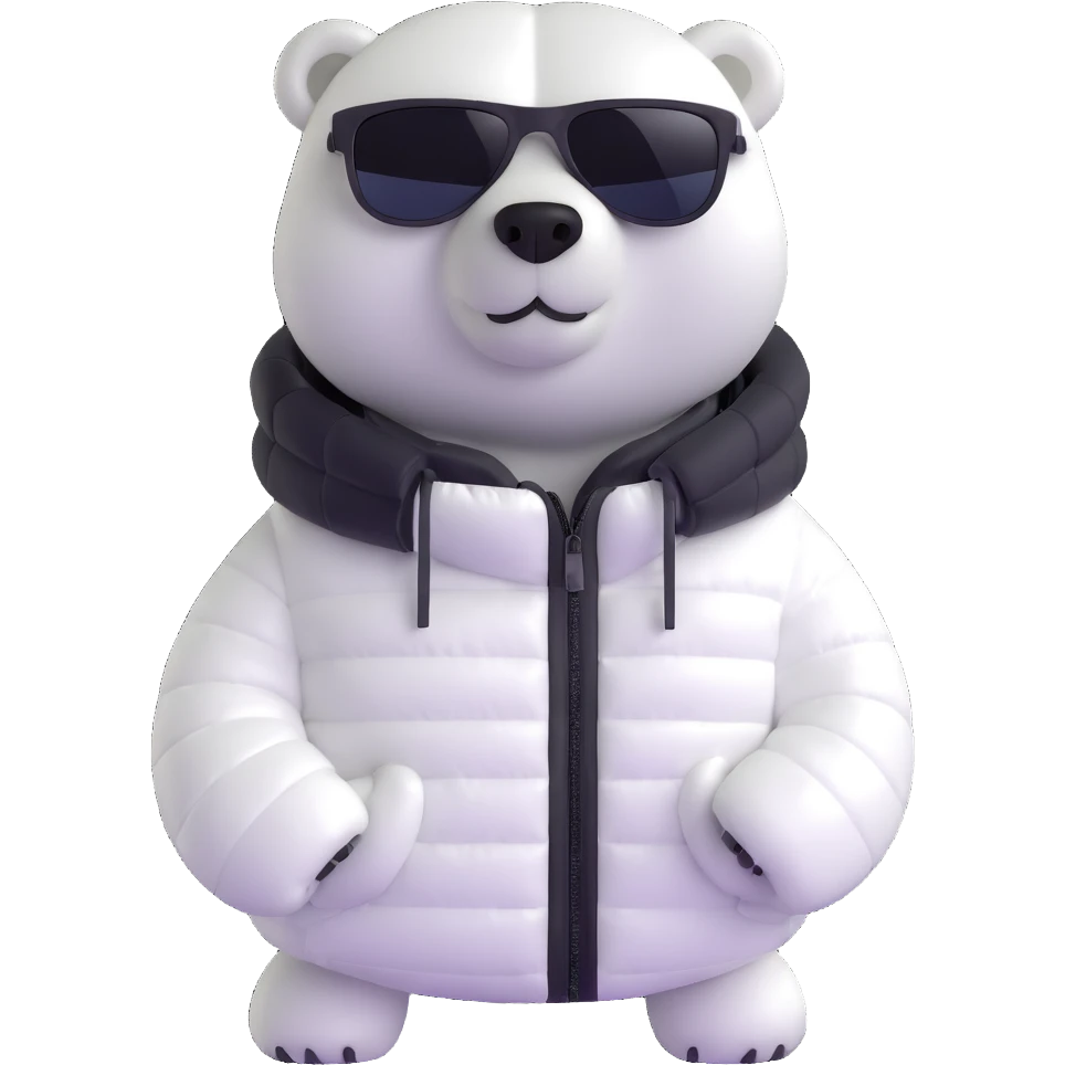 polar bear wearing a white puffer jacket and sunglasses  emoji