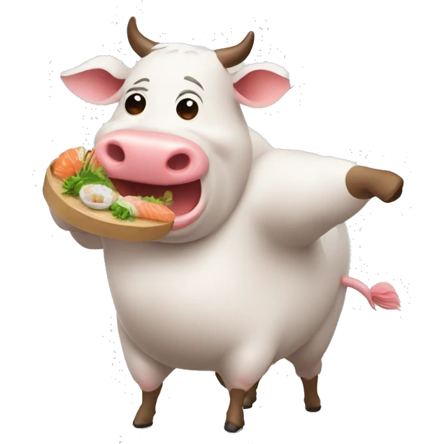 vache qui fait de la dance à coté d'un cochon qui mange des sushis emoji