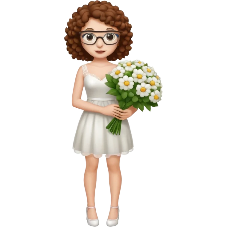 Chica blanca, pelo rizado y castaño,gafas, vestido novia corto, cuerpo entero emoji