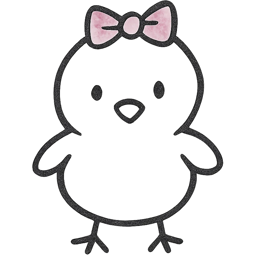 a chick with a pink bow, merged into a single icon, hand-drawn outlined icon style, no fill, only black lines emoji